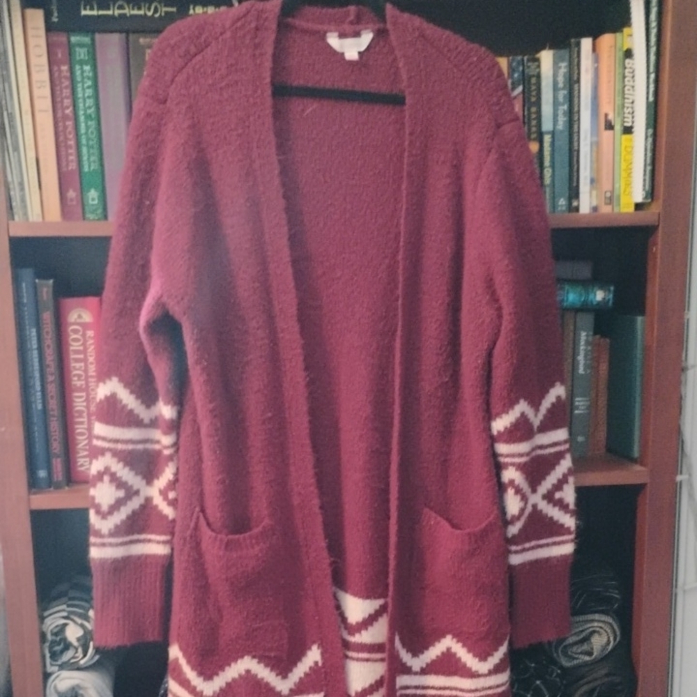 No Boundaries Maroon and Cream Cardigan Sweater